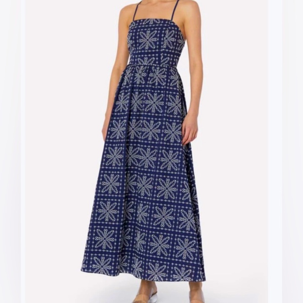 NWT Milly ESME Embroidered Cotton Eyelet maxi Dress in chic navy/white stitching